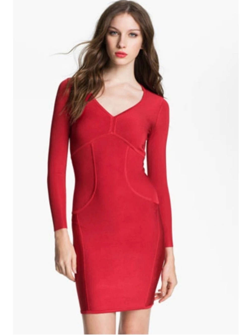 Ted Baker Aspin Red Knit Long Sleeve V-Neck Bodycon Dress As Seen On Glee 6/Sm